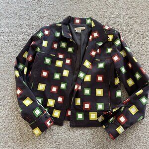 Transition Women’s Small Blazer Chocolate Brown Square Pattern Retro Fully Lined